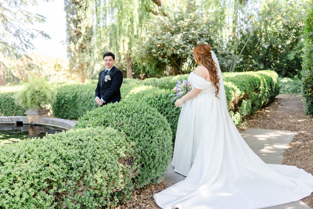 Trinh and Justin share a first look at one another during their wedding at Park Winters by Sacramento Wedding Photographer