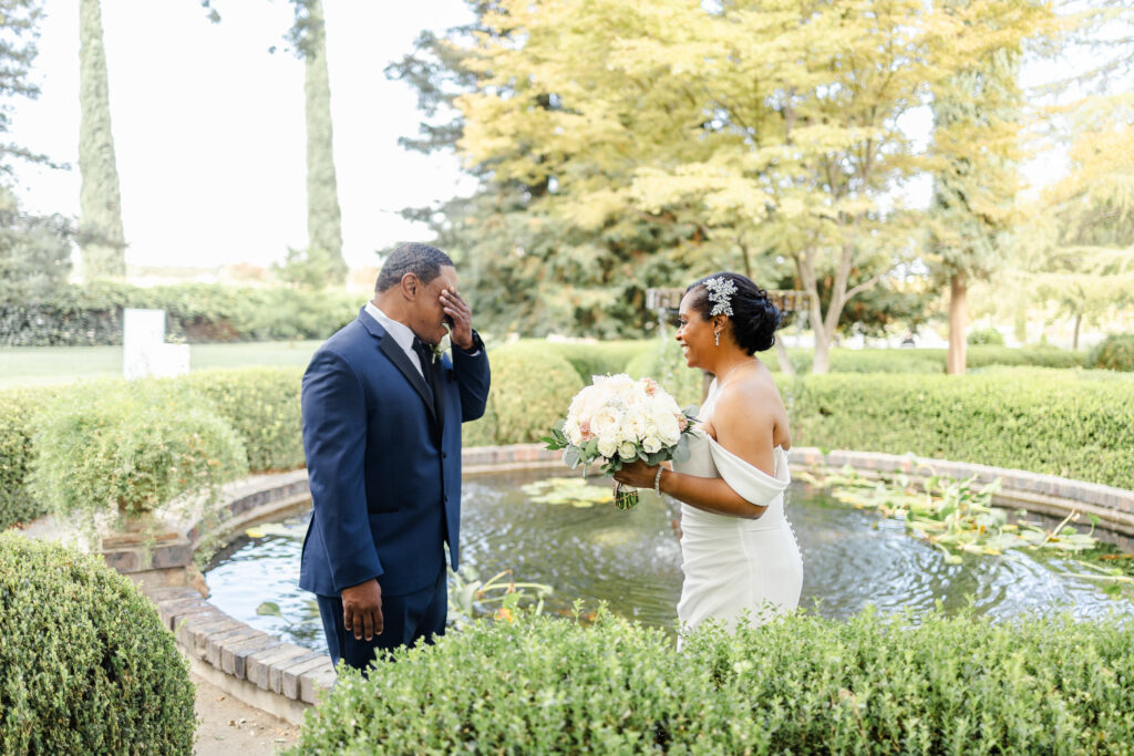 Bride and Groom share a first look at one another at Park Winters Wedding captured by Sacramento Wedding Photographer